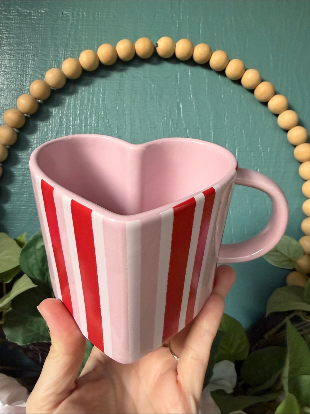 Heart-Shaped Ceramic Mug with Pink, Red, & White Stripes
